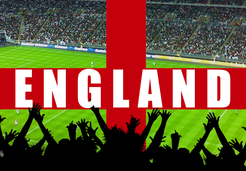 England flag with fans at Wembley celebrating with arms in the air